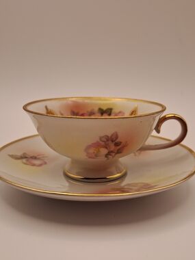 Wild Rose Porcelain Teacup and Saucer with Pink Floral and Gold Trim